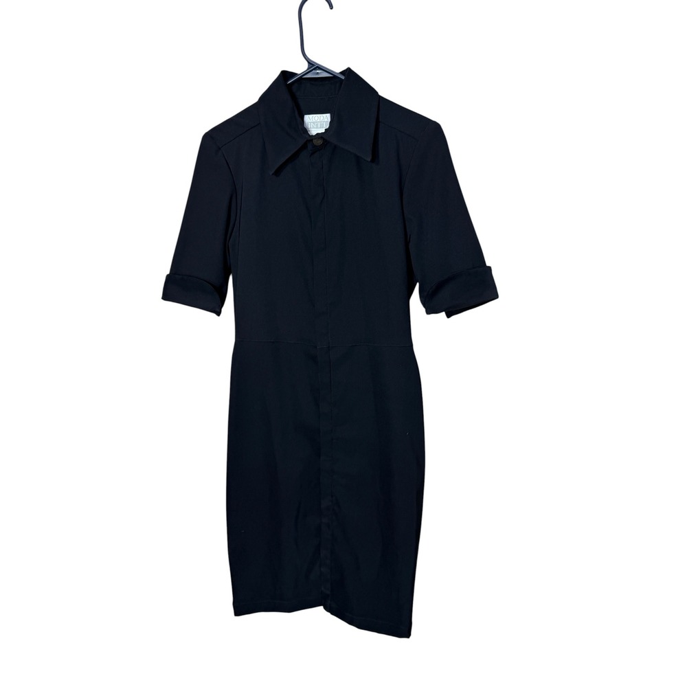 Moda International Black Snap Front Collared Sheath‎ Dress Short Sleeve 6 USA
